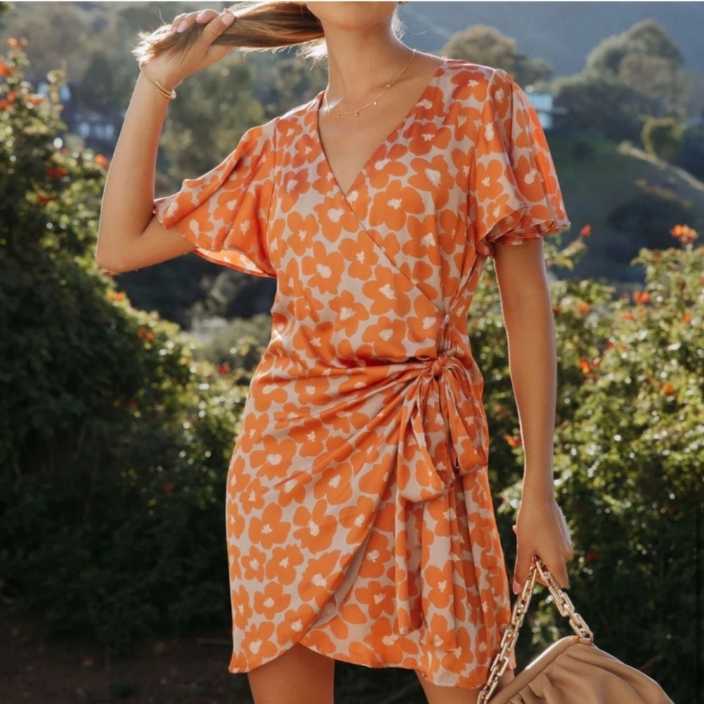 VICI | Sunsets With You Satin Floral Wrap Mini Dress Size Medium